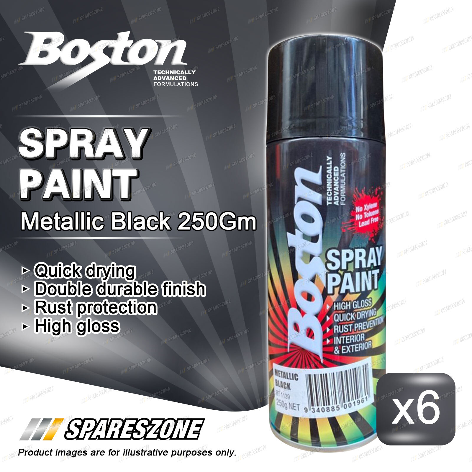 6 x Boston Metallic Black Spray Paint 250 Gram Black Rich Rust