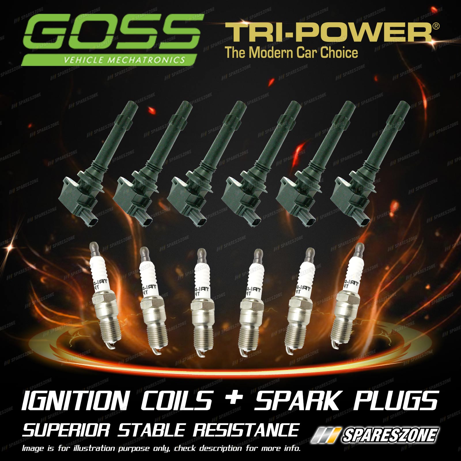 6 GOSS Ignition Coils + 6 TriPower Spark Plugs for Ford Falcon G6 G6E