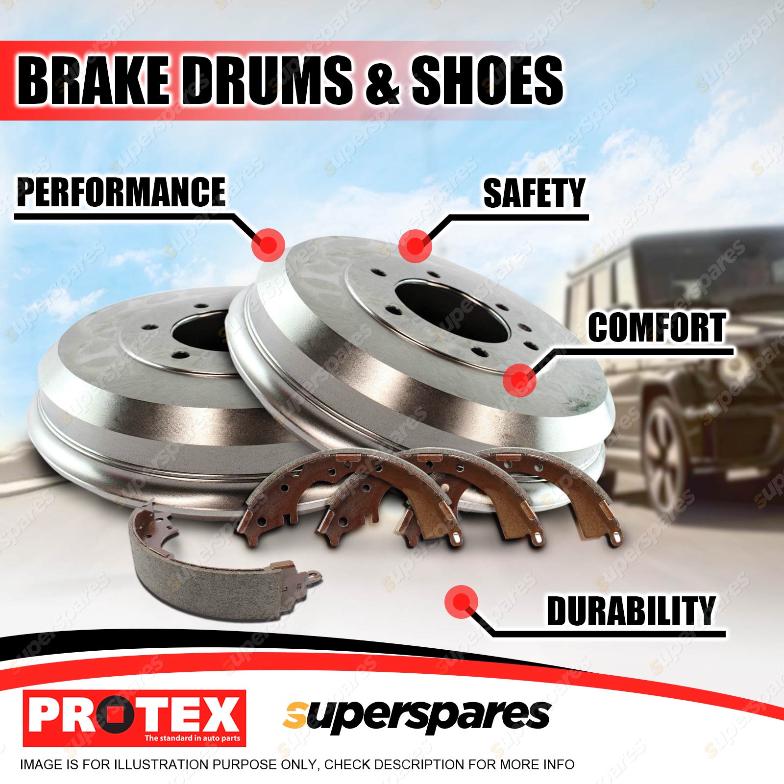 Protex Rear Brake Drums + Shoes for Jeep Cherokee XJ With 9