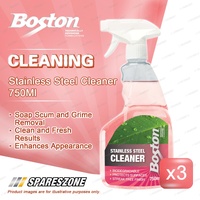 3 x Boston Stainless Steel Cleaner 750ML - Remove Fingerprints Smudges and Dirt