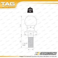 TAG Tow Ball - Chrome Diameter 70mm Thread Length 62mm Towing Capacity 4500kg