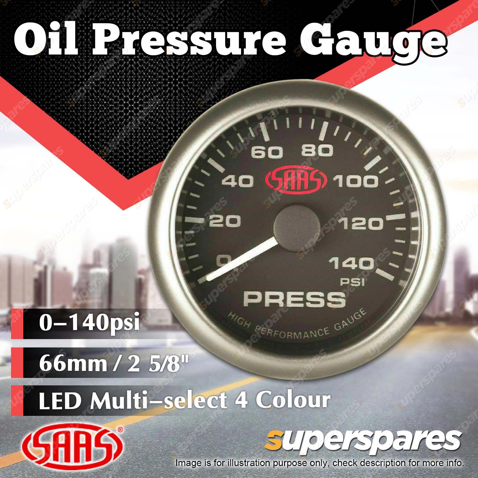 SAAS Oil Pressure Gauge 0140 psi 66mm 25/8" Black Face Muscle Series