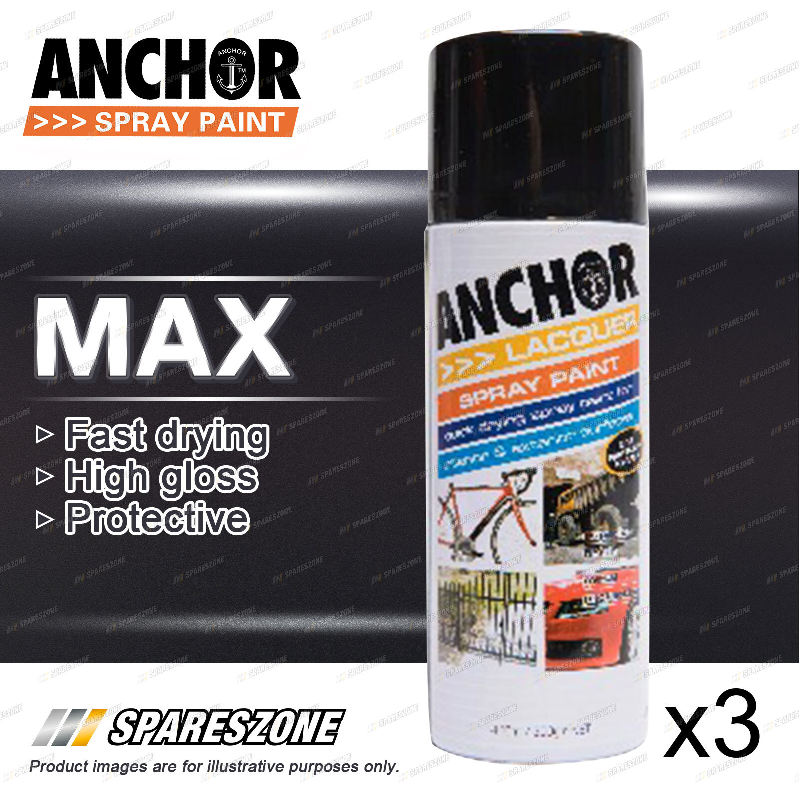 3 x Anchor Satin Black Lacquer Spray Paint 300 Gram Versatile Aerosol