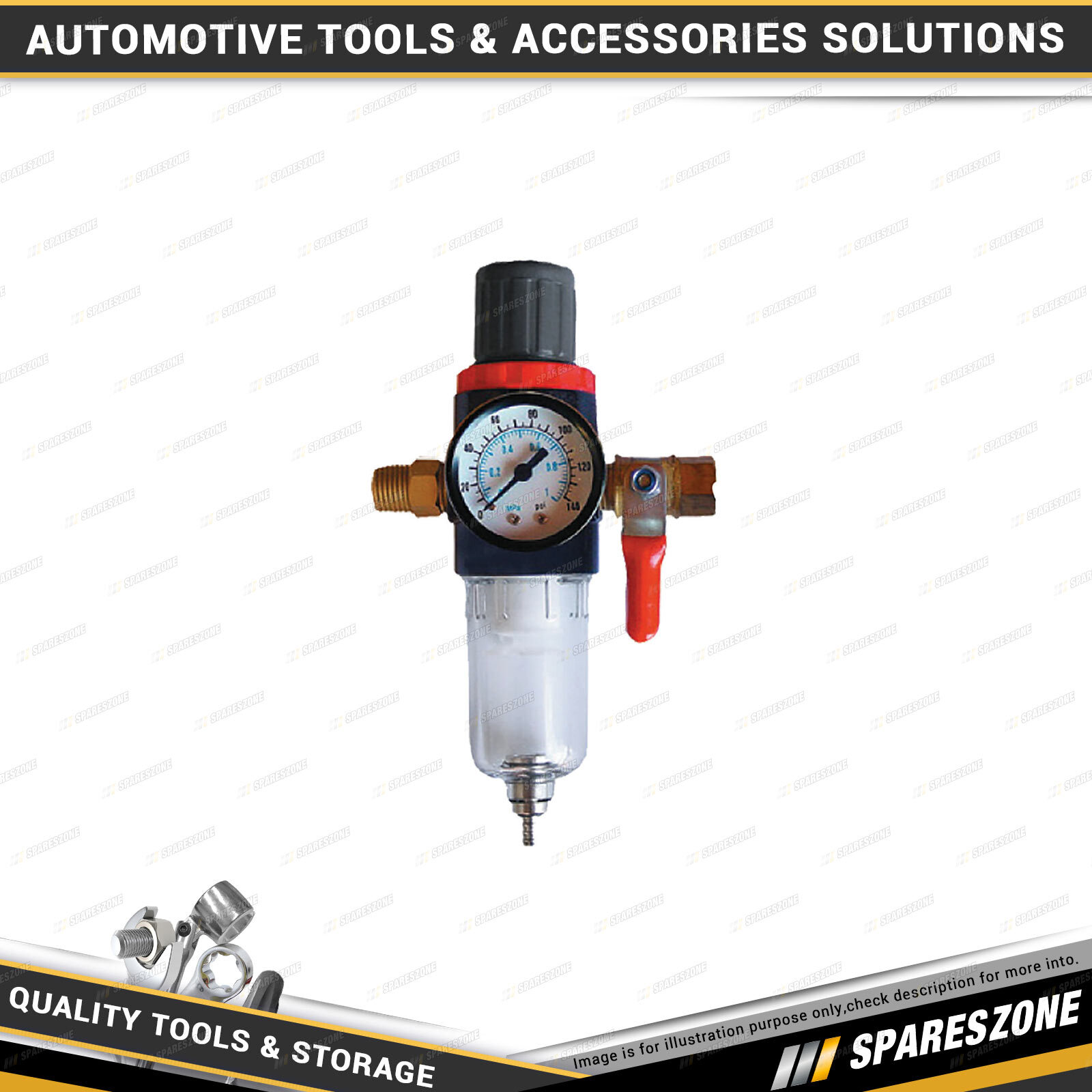 PK Tool Air Regulator Air Filter & Gauge 140psi 7 Bar Gauge On/Off Valve