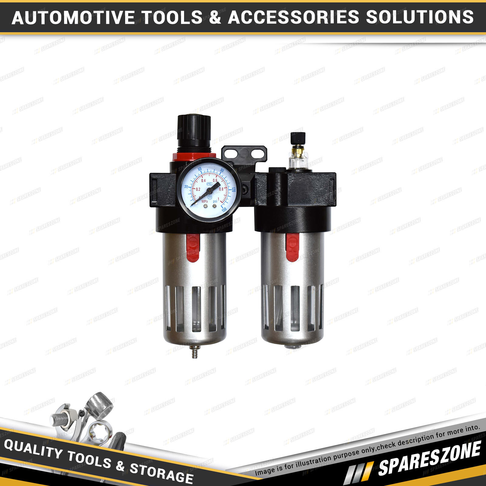 PK Tool Twin Air Regulator Air Filter Gauge & Lubricator 140psi 7 Bar