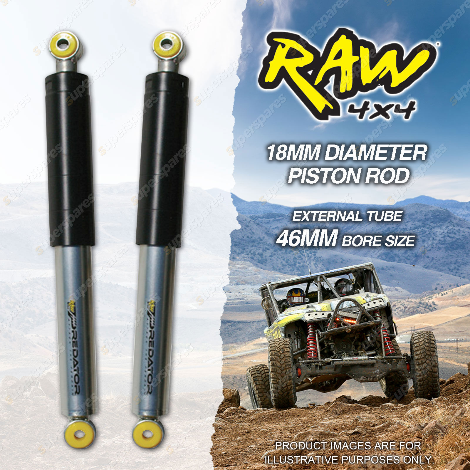 2x Rear 40mm Lift RAW Predator Shock Absorbers for Mitsubishi Triton ML