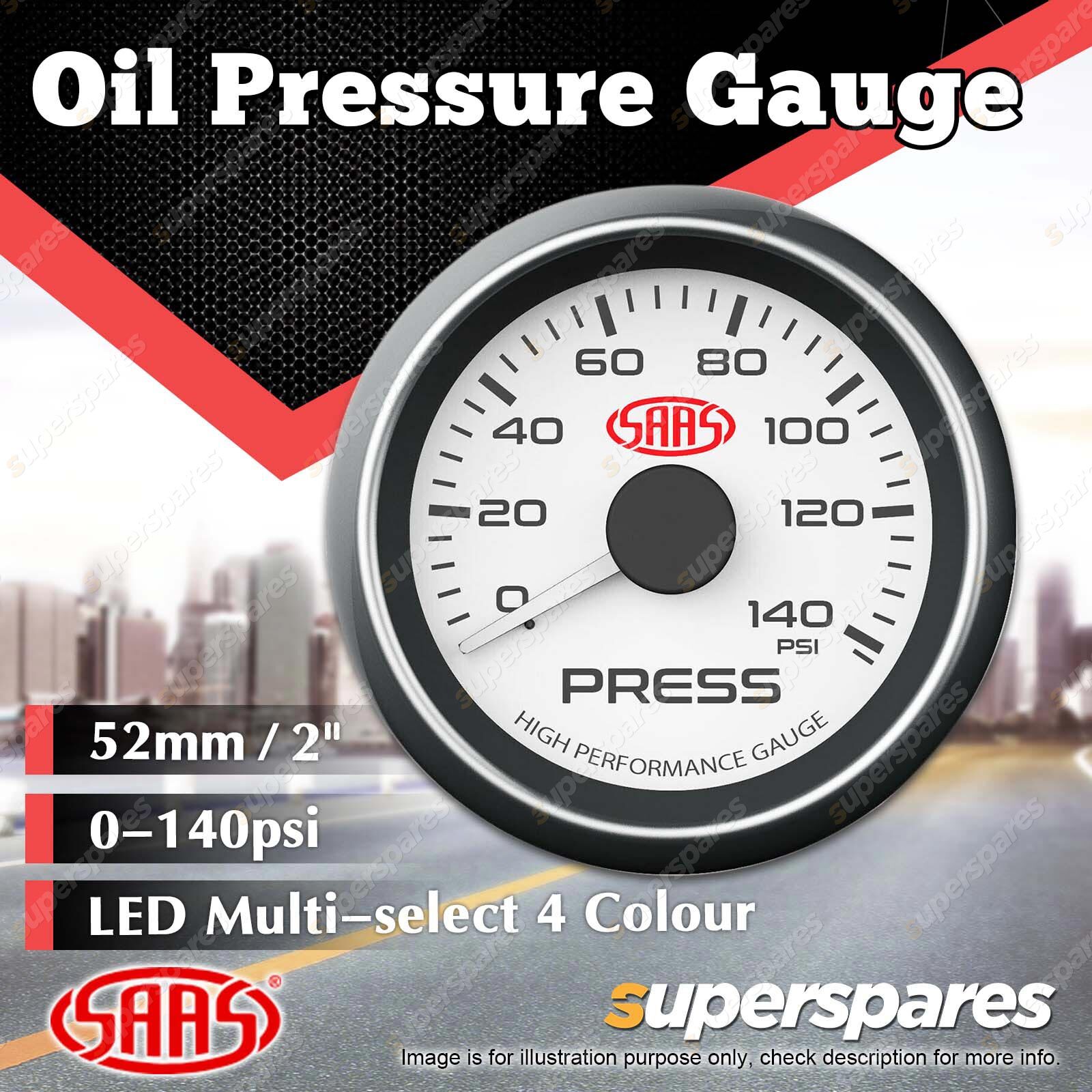 SAAS Oil Pressure Gauge 0140 psi 52mm 2" White Face Muscle Series