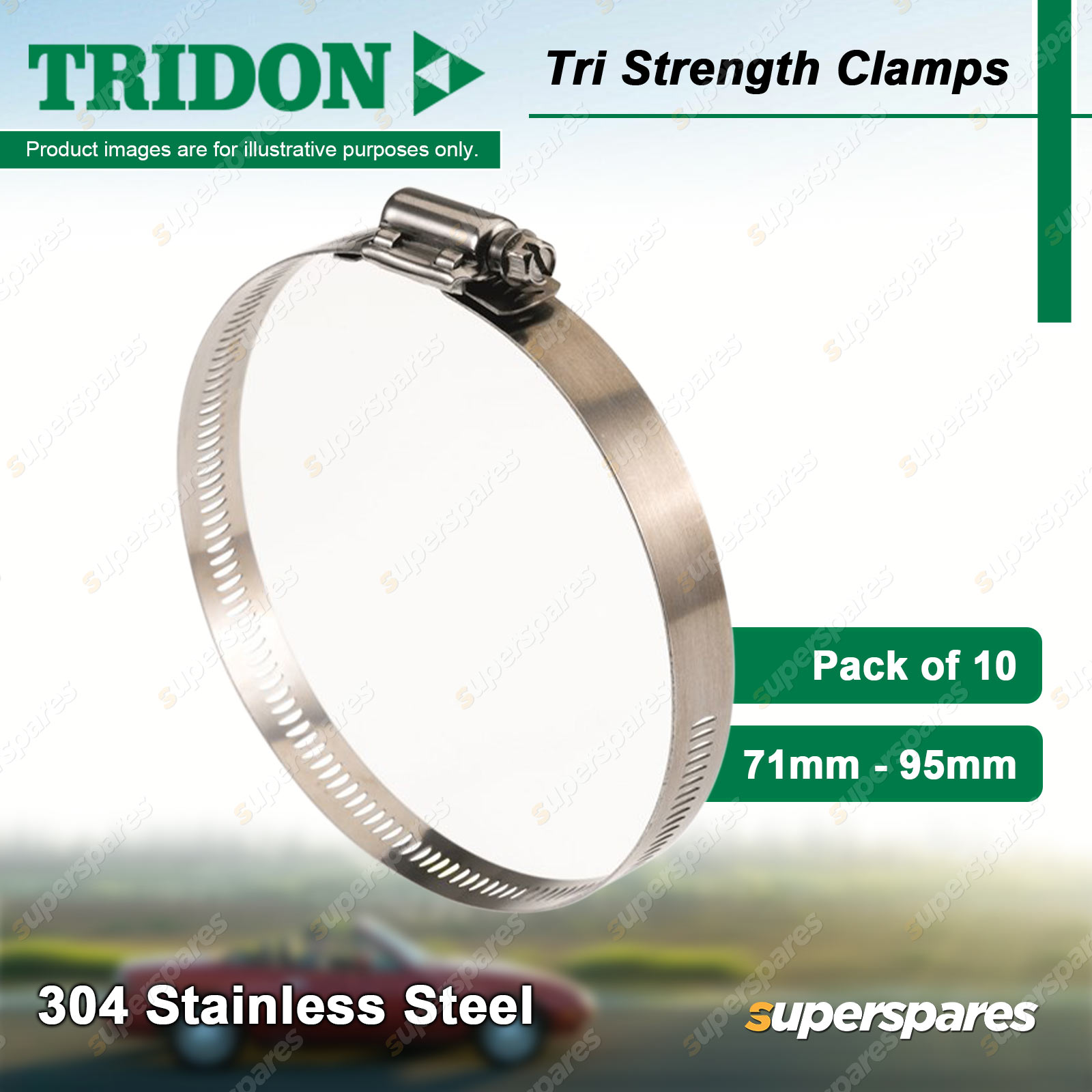Tridon Tri Strength Hose Clamps 71mm 95mm 304 Stainless Pack of 10