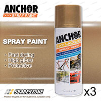 3 x Anchor Gold Lacquer Spray Paint 300 Gram Versatile Aerosol Coating