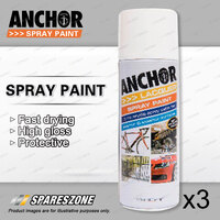 3 x Anchor Flat White Lacquer Spray Paint 300 Gram Versatile Aerosol Coating