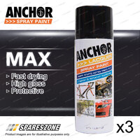 3 x Anchor Satin Black Lacquer Spray Paint 300 Gram Versatile Aerosol Coating