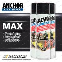 3 Packets of Anchor Max Gloss Black Aerosol Paint 400 Gram Fast Drying