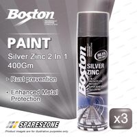 3 x Boston Silver Zinc 2 In 1 Metal Protection Paint 400 Gram Durable Finish