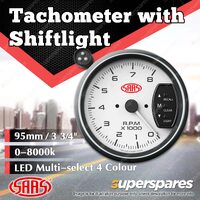 SAAS Tachometer 0-8K with Shiftlite 95mm 3-3/4" White Face Muscle Series