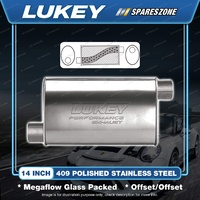 Lukey 10"x4" 1/2" Oval 14" Offset/Offset Muffler 2 1/2 409 Polished SS Ultraflow