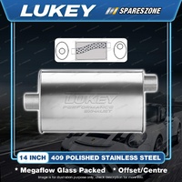 Lukey 10"x4" 1/2" Oval 14" Offset/Centre Muffler 2 1/4 409 Polished SS Ultraflow