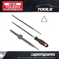 Toledo 250mm Length Three Square File with Bastard Cut With Handle & Carded Pack