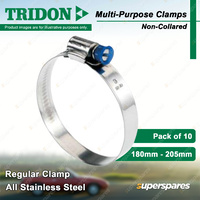 Tridon Multi-Purpose Regular Hose Clamps 180mm - 205mm Non-Collared 10pcs