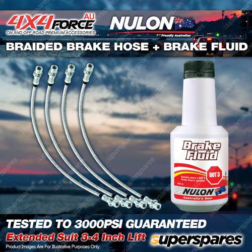 4 F+R Braided Brake Hoses + Nulon Fluid for Toyota Hilux KUN26 VSC 3"-4" Lift