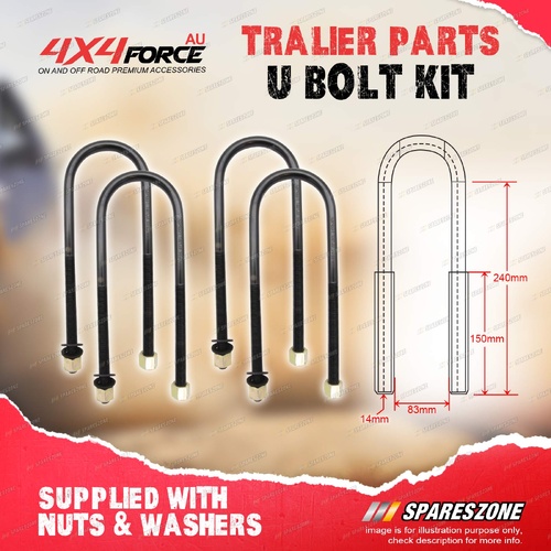 4 Pcs Round Top U-Bolts 14mm*83mm*240mm*150mm 4WD Trailer Caravan Boat