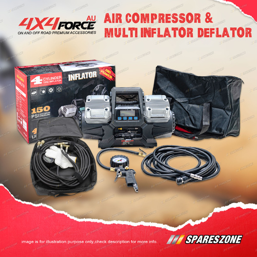 4X4FORCE V4 Air Compressor with Gauge & 4 Tyre Multi Inflator Deflator Combo Kit