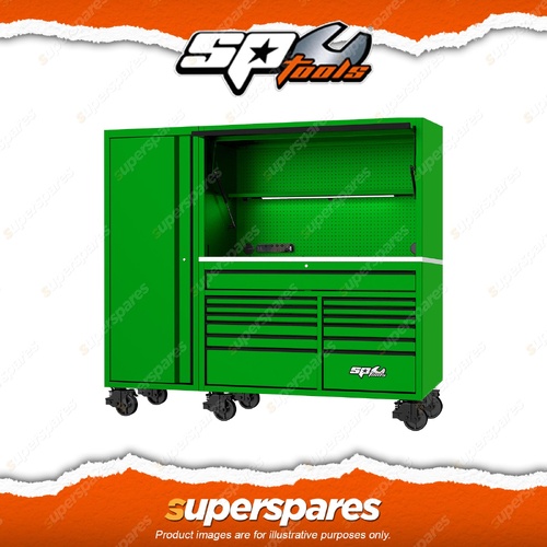 SP Tools 86" USA Sumo Series Green Roll Cab Power Hutch & Side Cabinet Toolkit