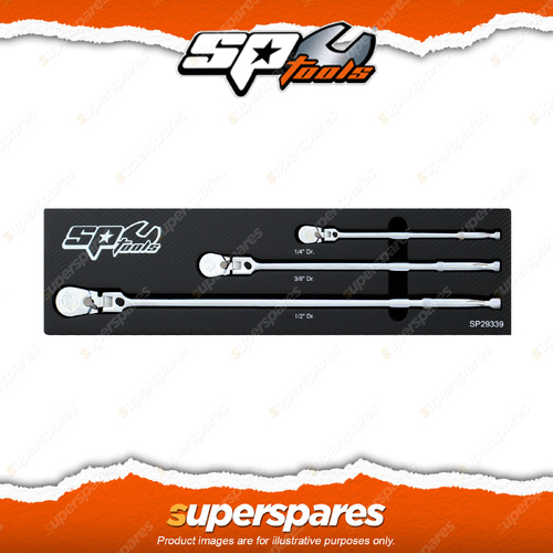 SP Tools 3 Pcs 1/4" 3/8" 1/2" Drive Long Sealed Flex Head Ratchet Set