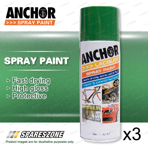 3 x Anchor Green Lacquer Spray Paint 300 Gram Versatile Aerosol Coating