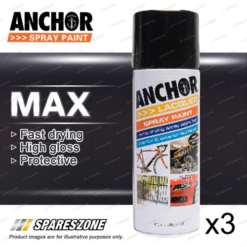 3 x Anchor Gloss Black Lacquer Spray Paint 300 Gram Versatile Aerosol Coating