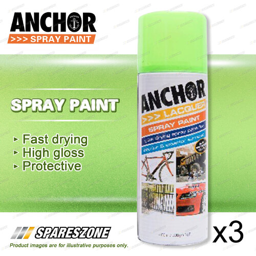3 x Anchor Fluorescent Green Lacquer Spray Paint 300 Gram Aerosol Coating