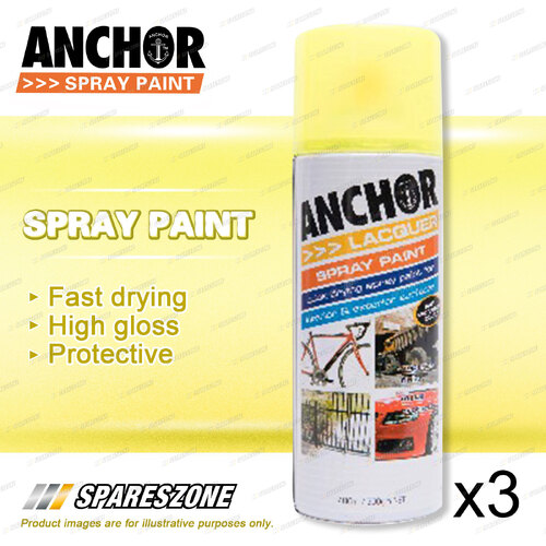 3 x Anchor Fluorescent Yellow Lacquer Spray Paint 300 Gram Aerosol Coating