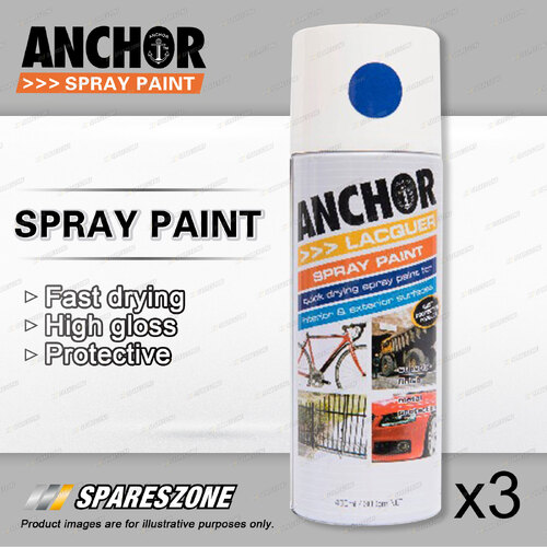 3 x Anchor Pacific Blue Lacquer Spray Paint 300 Gram Versatile Aerosol Coating