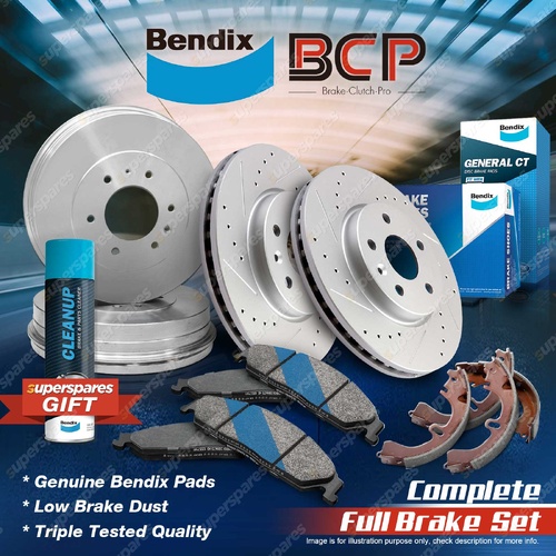F + R BCP Slotted Brake Rotors Drums Bendix Pads Shoes for Mazda 2 DE 1.5L FWD