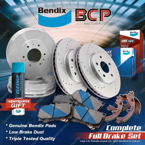 F + R BCP Slotted Brake Rotors Drums Bendix Pads Shoes for Nissan Patrol GQ 4.2L