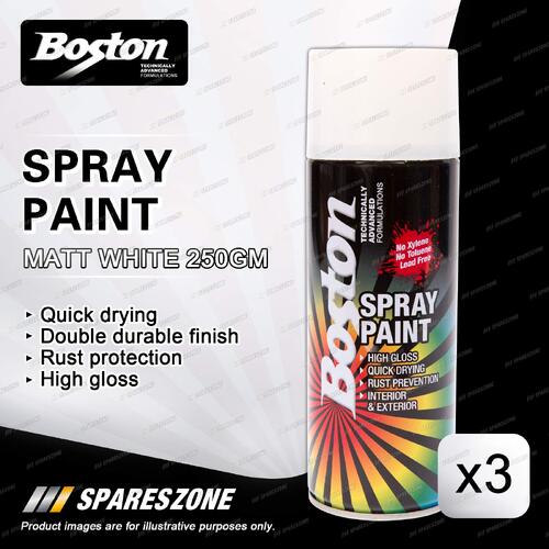3 x Boston Matt White Spray Paint Can 250 Gram High Gloss Rust Protection