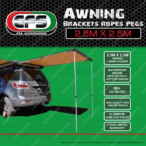 EFS Sand Colour Waterproof 50+ UV Awning Brackets Ropes Pegs 2.5m x 2.5m