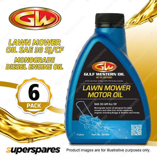 6 x Gulf Western Lawn Mower Oil SAE 30 API SJ/CF Monograde Diesel Engine Oil 1L