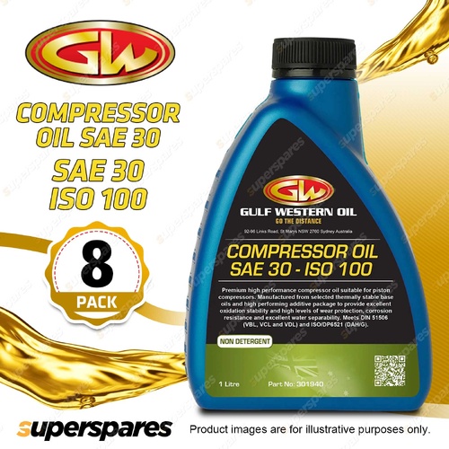 8 x Gulf Western Compressor Oil SAE 30 ISO 100 for Piston Compressors 1L