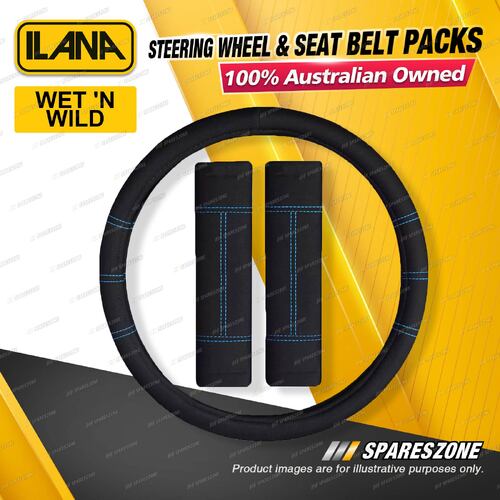 Ilana Neoprene Steering Wheel Covers & Seat Belt Protector Packs - Black/Blue