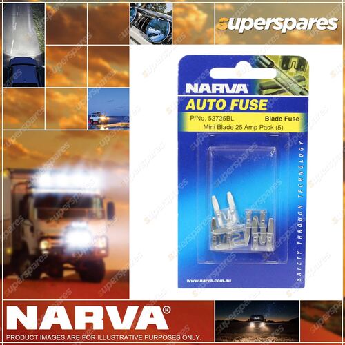 Narva Brand Auto Mini Blade Fuses 25 Amp White - Blister pack of 5