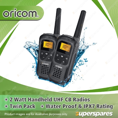 2x Oricom 2 Watt Waterproof Handheld UHF CB Radio - Twin Charing Pod UHF2500-2GR