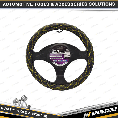 Pro-Kit Black Leather Feel Breathable Steering Wheel Cover with Yellow Stitching
