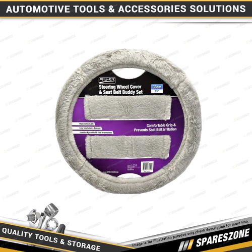 Pro-Kit Grey Furry Feel Steering Wheel Cover & Seat Belt Buddy Set
