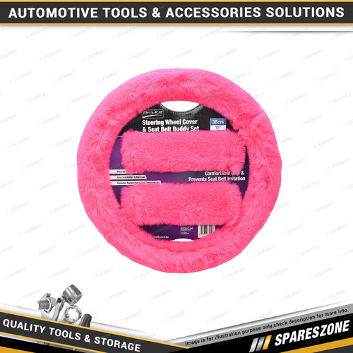 Pro-Kit Pink Furry Feel Steering Wheel Cover & Seat Belt Buddy Set