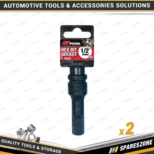 2 x PK Tool 1/2 Inch Drive 8mm Impact Hex Bit Sockets - Length 78mm SNCM Steel