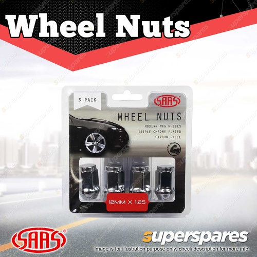 SAAS Wheel Nuts Flat Head Bulge 12 x 1.25 Chrome 35mm Length - in a Pack of 5
