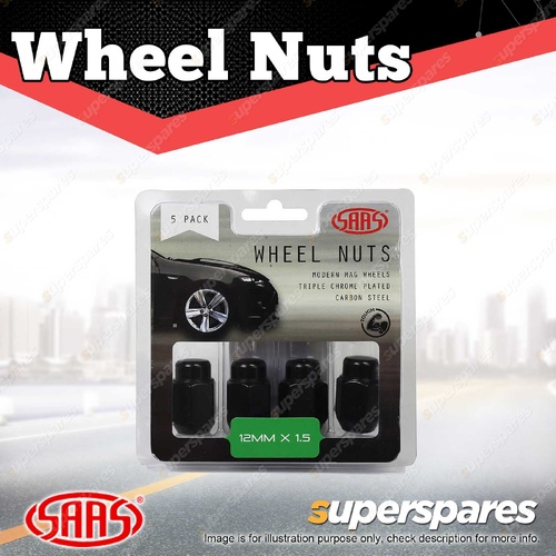 SAAS Wheel Nuts Acorn Taper 12 X 1.50 Black Finish 35mm Length - in a Pack of 5