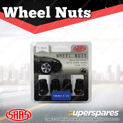 SAAS Wheel Nuts Acorn Bulge 14 x 1.50 Black Finish 35mm Length - in a Pack of 5