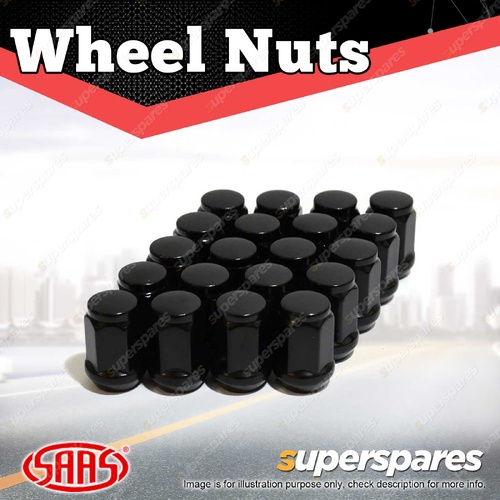 SAAS Wheel Nuts Flat Head Bulge 12 x 1.25 Black Finish 35mm Length Pack of 20