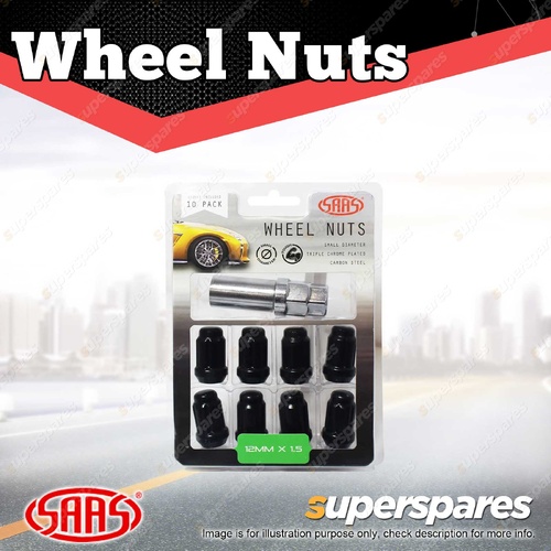 SAAS Wheel Nuts Small Diameter 6 Spline 12 x 1.5 Black with Spare Key Pack of 10